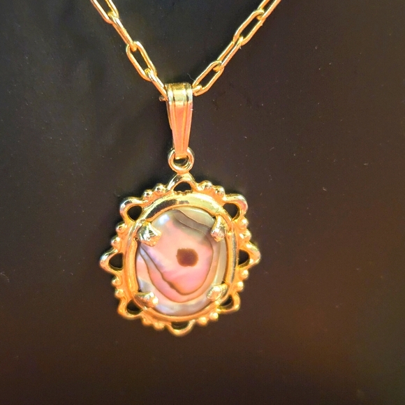 Vintage Abalone 14k Gold Necklace & Pierced Earrings - Picture 9 of 16